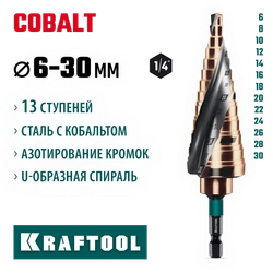 KRAFTOOL COBALT 6-30мм, 13 ступеней, азотирование, винтовая спираль, сверло ступенчатое(29691-6-30-13) zb  29691-6-30-13