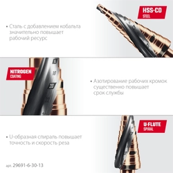 KRAFTOOL COBALT 6-30мм, 13 ступеней, азотирование, винтовая спираль, сверло ступенчатое(29691-6-30-13) zb  29691-6-30-13