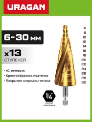 URAGAN 6-30мм, 13 ступеней, винтовая спираль, сверло ступенчатое (29658-6-30-13) zb  29658-6-30-13