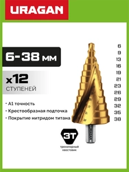 URAGAN 6-38мм, 12 ступеней, винтовая спираль, сверло ступенчатое (29658-6-38-12) zb  29658-6-38-12