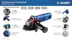 ЗУБР 1100 Вт, d125 мм, УШМ, регулировка оборотов, фланец ″МИГ″, Профессионал (УШМ-П125-1105 Э) zb  ушм-п125-1105 э