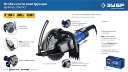 ЗУБР d 305 мм, 2700 Вт, 100 мм, штроборез (бороздодел), Профессионал (ЗШ-П100-2700 ПСТ) zb  зш-п100-2700 пст