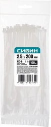 СИБИН  ХС-Б, 2.5 x 200 мм, нейлон РА66, 100 шт, белые, хомуты-стяжки (3786-25-200) 3786-25-200