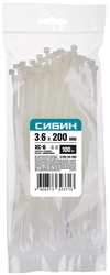 СИБИН  ХС-Б, 3.6 x 200 мм, нейлон РА66, 100 шт, белые, хомуты-стяжки (3786-36-200) 3786-36-200