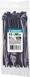 СИБИН  ХС-Ч, 4.5 x 200 мм, нейлон РА66, 100 шт, черные, хомуты-стяжки (3788-45-200) 3788-45-200