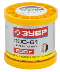 ЗУБР  200 г, 1 мм, трубка, ПОС 61, припой (55450-200-10C) 55450-200-10C