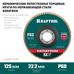 KRAFTOOL  125 х 22.2 мм, P60, круг лепестковый керамический торцевой по нержавеющей стали (36598-125-60) 36598-125-60