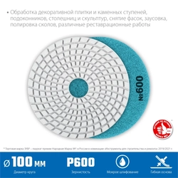 ЗУБР  100 мм, №600, мокрое шлифование, алмазный гибкий шлифовальный круг АГШК, Профессионал (29866-600) 29866-600