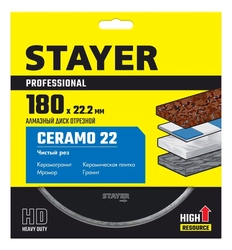 STAYER  Ceramo-22, d 180 мм, (22.2 мм, 5 х 2.2 мм), сплошной алмазный диск, Professional (3664-180) 3664-180_z02