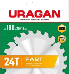 URAGAN  Fast, 190 х 20/16 мм, 24Т, пильный диск по дереву (36800-190-20-24) 36800-190-20-24_z01