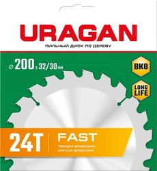 URAGAN  Fast, 200 х 32/30 мм, 24Т, пильный диск по дереву (36800-200-32-24) 36800-200-32-24_z01