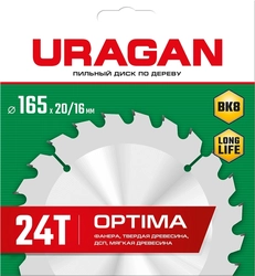 URAGAN  Optima, 165 х 20/16 мм, 24Т, пильный диск по дереву (36801-165-20-24) 36801-165-20-24_z01