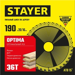 STAYER  Optima, 190 x 20/16 мм, 36Т, оптимальный рез, пильный диск по дереву (3681-190-20-36) 3681-190-20-36_z01