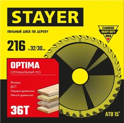 STAYER  Optima, 216 x 32/30 мм, 36Т, оптимальный рез, пильный диск по дереву (3681-216-32-36) 3681-216-32-36_z01