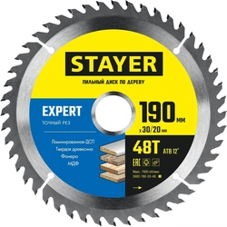 STAYER  Expert, 190 x 30/20 мм, 48Т, точный рез, пильный диск по дереву (3682-190-30-48) 3682-190-30-48_z01