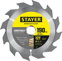 STAYER  Construct, 190 x 30/20 мм, 12Т, технический рез, пильный диск по дереву (3683-190-30-12) 3683-190-30-12_z01