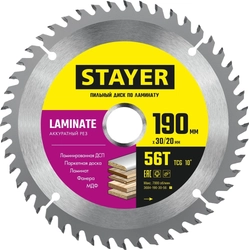 STAYER  Laminate, 190 x 30/20 мм, 56Т, аккуратный рез, пильный диск по ламинату (3684-190-30-56) 3684-190-30-56_z01