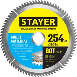 STAYER  Multi Material, 254 x 32/30 мм, 80Т, супер чистый рез, пильный диск по алюминию и пластику (3685-254-32-80) 3685-254-32-80