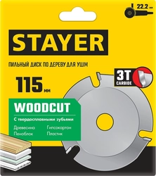 STAYER  WOODCUT, 115 х 22.2 мм, 3 резца, для УШМ, пильный диск по дереву (36854-115) 36854-115