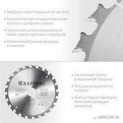 KRAFTOOL  Fast, 250 х 30 мм, 24Т, пильный диск по дереву (36950-250-30) 36950-250-30