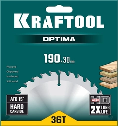 KRAFTOOL  Optima, 190 х 30 мм, 36Т, пильный диск по дереву (36951-190-30) 36951-190-30