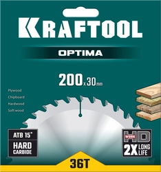 KRAFTOOL  Optima, 200 х 30 мм, 36Т, пильный диск по дереву (36951-200-30) 36951-200-30