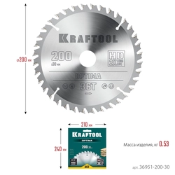 KRAFTOOL  Optima, 200 х 30 мм, 36Т, пильный диск по дереву (36951-200-30) 36951-200-30
