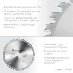 KRAFTOOL  Optima, 250 х 30 мм, 40Т, пильный диск по дереву (36951-250-30) 36951-250-30