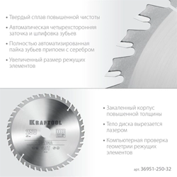 KRAFTOOL  Optima, 250 х 32 мм, 40Т, пильный диск по дереву (36951-250-32) 36951-250-32