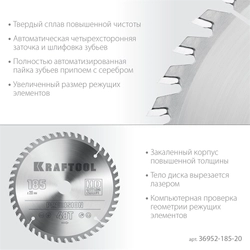 KRAFTOOL  Precision, 185 x 20 мм, 48Т, пильный диск по дереву (36952-185-20) 36952-185-20