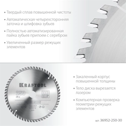 KRAFTOOL  Precision, 250 х 30 мм, 60Т, пильный диск по дереву (36952-250-30) 36952-250-30