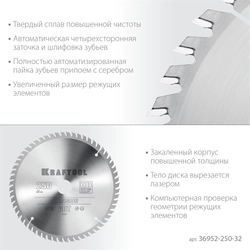 KRAFTOOL  Precision, 250 х 32 мм, 60Т, пильный диск по дереву (36952-250-32) 36952-250-32