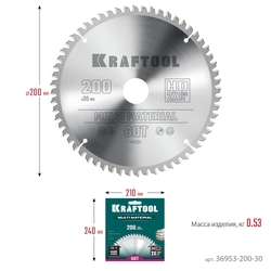 KRAFTOOL  Multi Material, 200 х 30 мм, 60Т, пильный диск по алюминию (36953-200-30) 36953-200-30