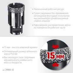 ЗУБР  АВК, d 32 мм, (М14, 15 мм кромка), вакуумная алмазная коронка, Профессионал (29865-32) 29865-32