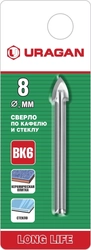 URAGAN  8 мм, 2х кромка, цилиндр хвостовик, Сверло по стеклу и кафелю (29830-08) 29830-08