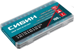 СИБИН  100 шт, (1-10 мм), быстрорежущая сталь, класс В, пласт.бокс, набор сверл по металлу (29610-H100) 29610-H100