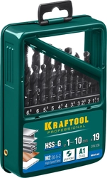 KRAFTOOL  HSS-G, 19 шт, (1-10 мм), сталь P6M5, набор сверл по металлу (29651-H19) 29651-H19