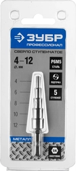 ЗУБР  4-12 мм, 5 ступеней, сталь Р6М5, ступенчатое сверло, Профессионал (29670-4-12-5) 29670-4-12-5_z01