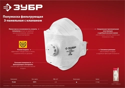 ЗУБР  ТК-80, класс защиты FFP1, плоская 3-х панельная, фильтрующая полумаска с клапаном выдоха (11164) 11164_z02