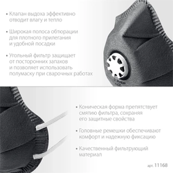 ЗУБР  ФГ-80 коническая, с угольным слоем, класс защиты FFP1, с клапаном выдоха, фильтрующая полумаска (11168) 11168