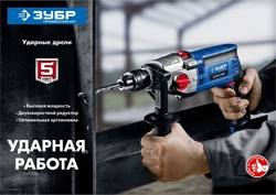 ЗУБР  850 Вт, 13 мм, 2 скорости, ударная дрель, мет. корпус, Профессионал (ДУ-П850 ЭРМ) ДУ-П850-2 ЭРМ