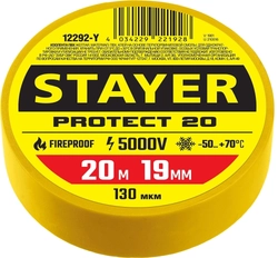 STAYER  PROTECT-20, 19 мм х 20 м, 5 000 В, желтая, изолента ПВХ, Professional (12292-Y) 12292-Y
