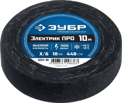 ЗУБР  ЭЛЕКТРИК ПРО, 18 мм х 10 м, 1 000 В, черная, изолента х/б, Профессионал (1231-10) 1231-10