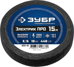 ЗУБР  ЭЛЕКТРИК ПРО, 18 мм х 15 м, 1 000 В, черная, изолента х/б, Профессионал (1231-15) 1231-15
