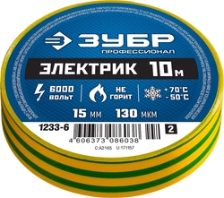 ЗУБР  ЭЛЕКТРИК-10, 15 мм х 10 м, 6 000 В, желто-зеленая, не поддерживает горение, изолента ПВХ, Профессионал (1233-6) 1233-6_z02