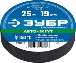 ЗУБР  АВТО-ЖГУТ, 19 мм х 25 м, черная, термостойкая текстильная изолента, Профессионал (1236-2) 1236-2