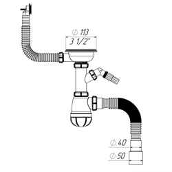 B0140 Сифон для мойки 3½"х40 с круглым переливом, отводом для стир. маш. и гофротрубой 40х40-50 т тт000017775